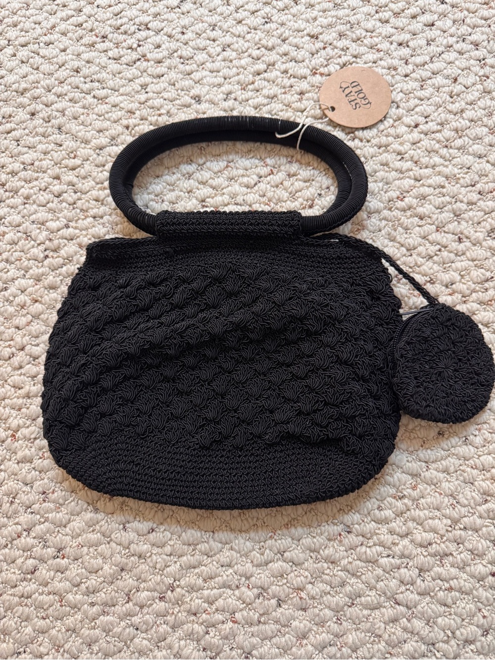 Vintage Crochet Knit Black Women's Handbag with Round Handle 0154